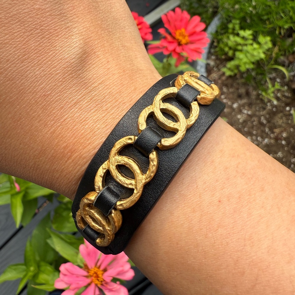 Chanel Gold and Black CC Leather Bracelet